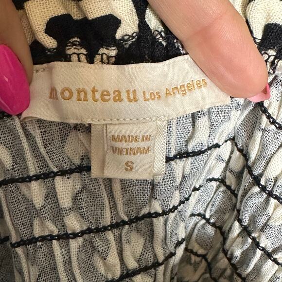 Monteau Linen Blend Smocked Puff Sleeve Crop Top Black Cream Size Small - Picture 6 of 11